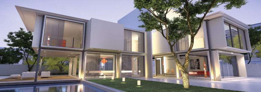 30464447 - external view of a contemporary house with pool at dusk
